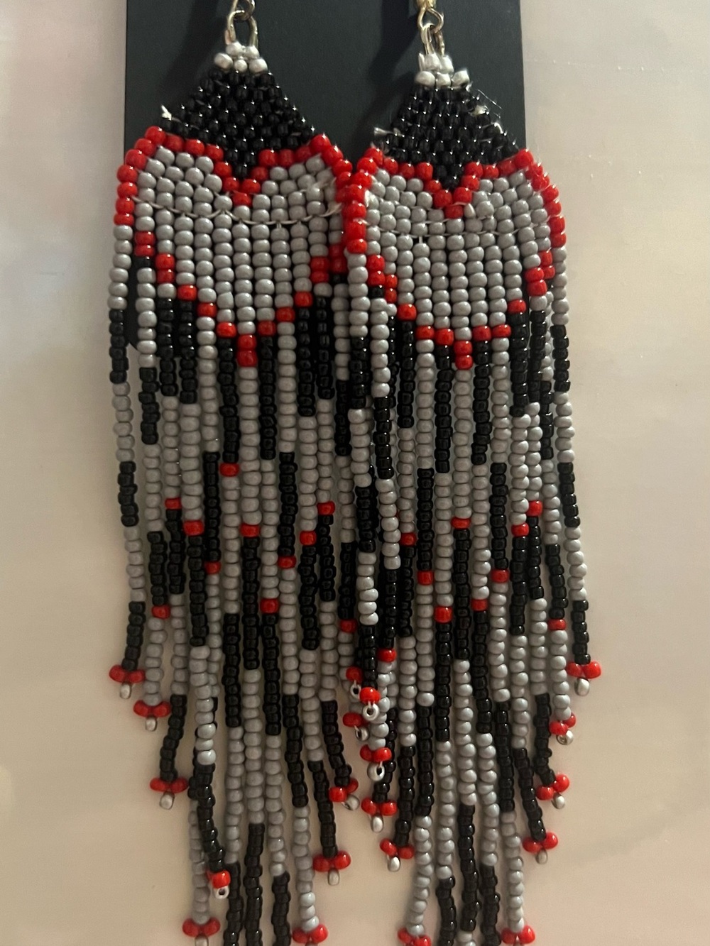 Handcrafted Beaded Heart Fringe Earrings — Black, Gray & Red